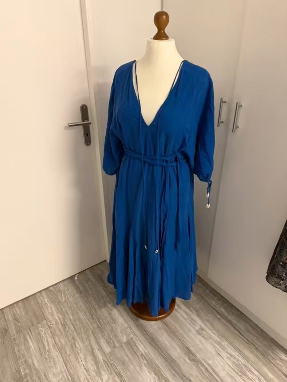 Women’s Deep V-Neck Blue Mini Dress with Waist Tie